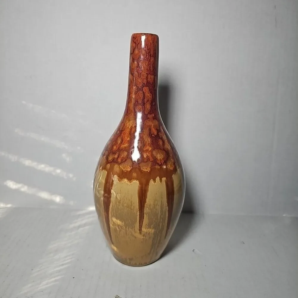 Tall Vintage Vase Drip Glaze Earth Tone Terra Cotta Pottery 10in MCM Neutral